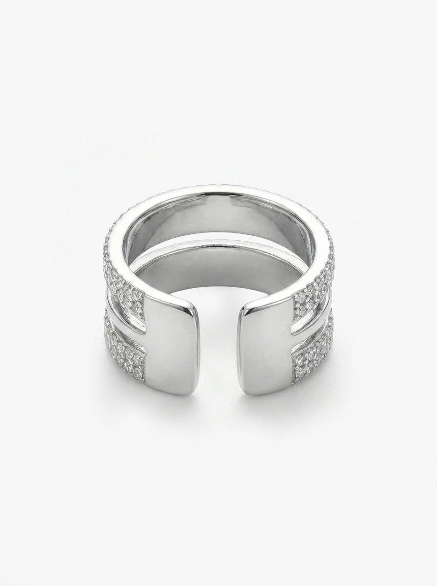 Üç Sıra Görünümlü Taşlı ve Sade Ayarlanabilir Gümüş Renk Yüzük