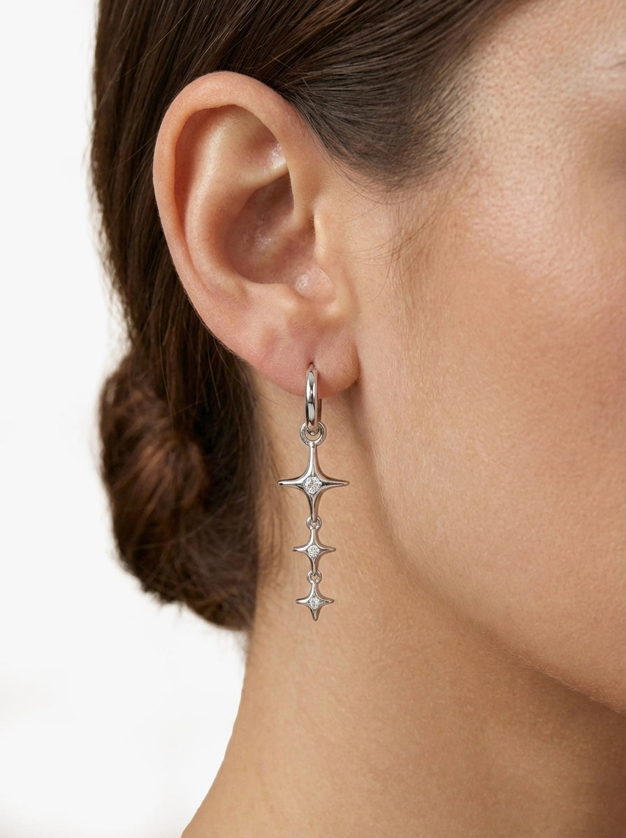 Sıralı Üçlü Kutup Yıldızı Sallantılı Gümüş Halka Küpe