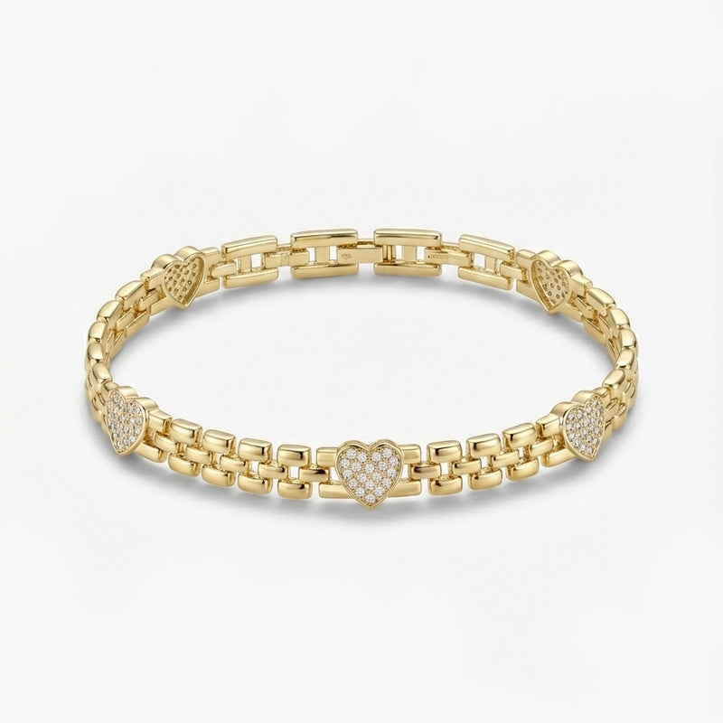 Taşlı Kalp Detaylı Gold Zincir Bileklik