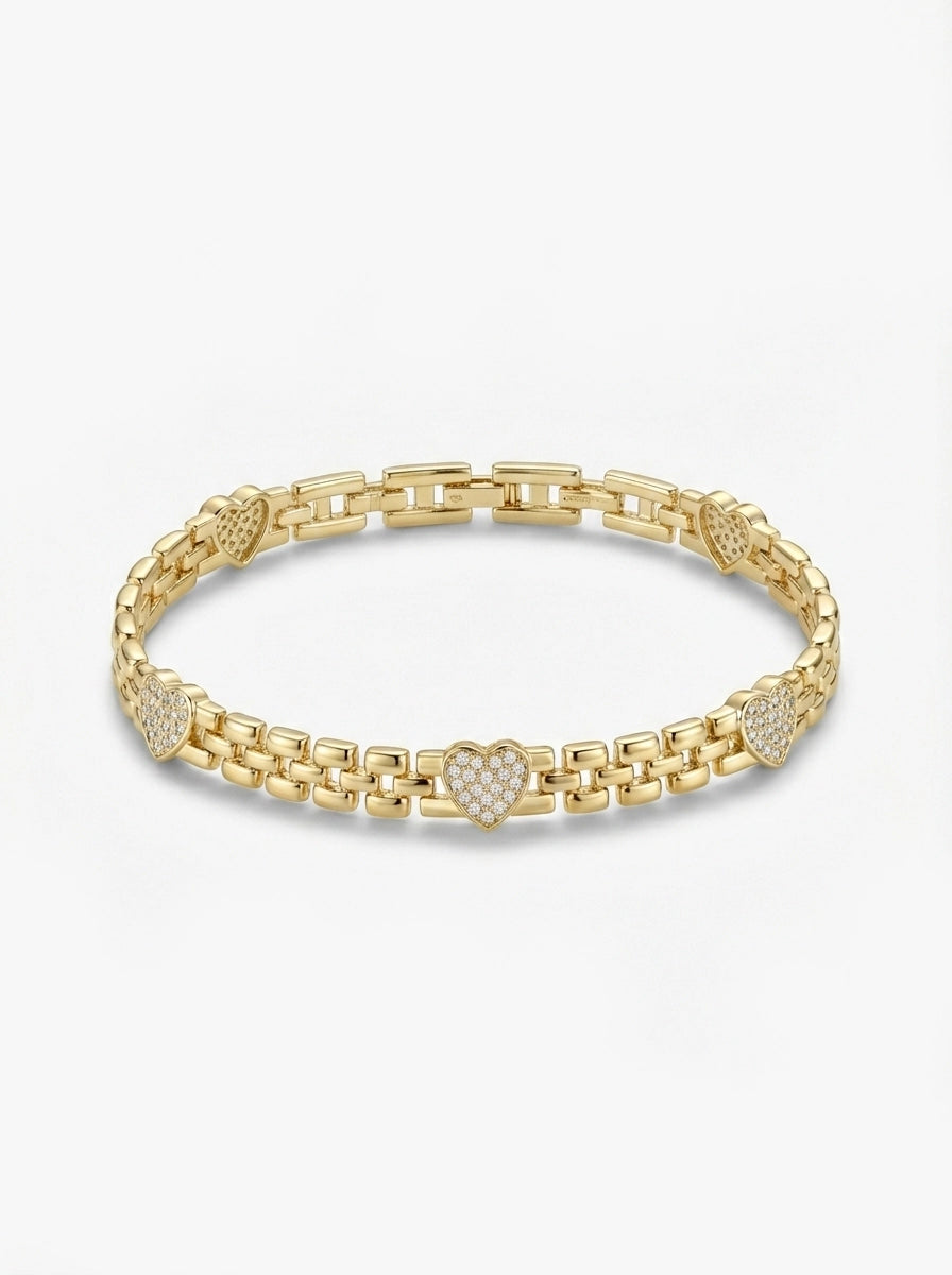 Taşlı Kalp Detaylı Gold Zincir Bileklik