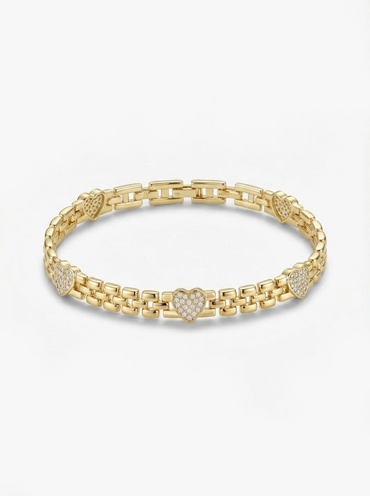 Taşlı Kalp Detaylı Gold Zincir Bileklik