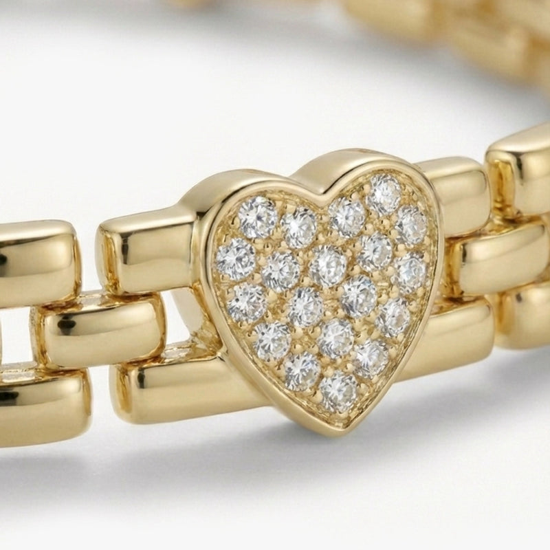 Taşlı Kalp Detaylı Gold Zincir Bileklik