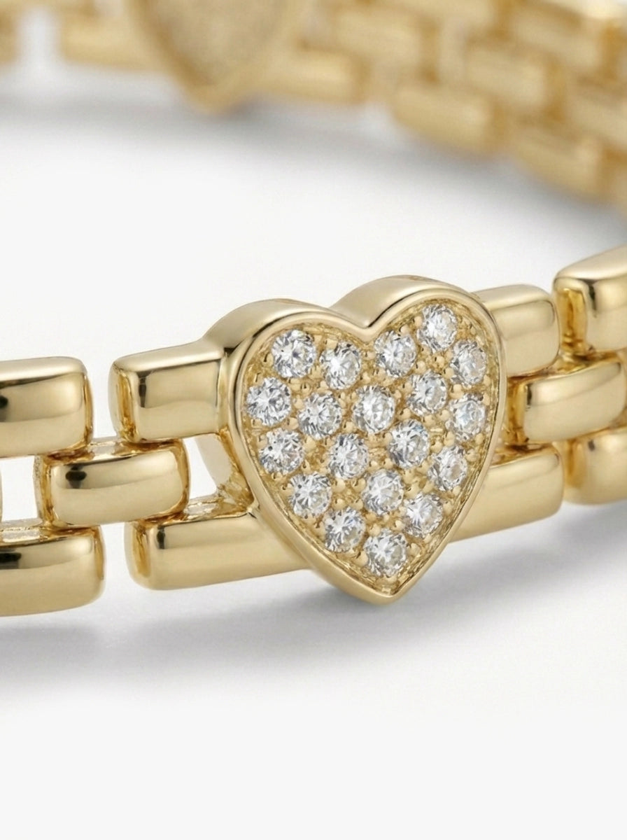 Taşlı Kalp Detaylı Gold Zincir Bileklik