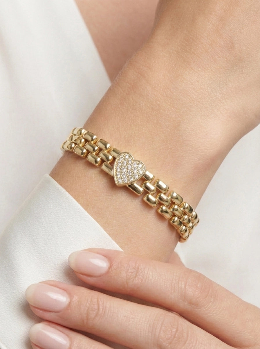 Taşlı Kalp Detaylı Gold Zincir Bileklik