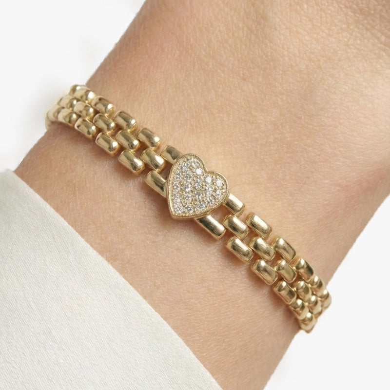 Taşlı Kalp Detaylı Gold Zincir Bileklik
