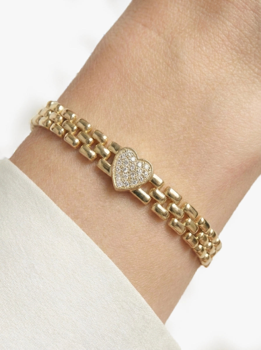 Taşlı Kalp Detaylı Gold Zincir Bileklik