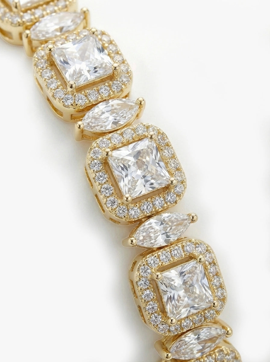 Kare ve Markiz Taşlı Gold Vintage Zincir Bileklik