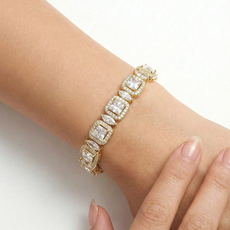 Kare ve Markiz Taşlı Gold Vintage Zincir Bileklik