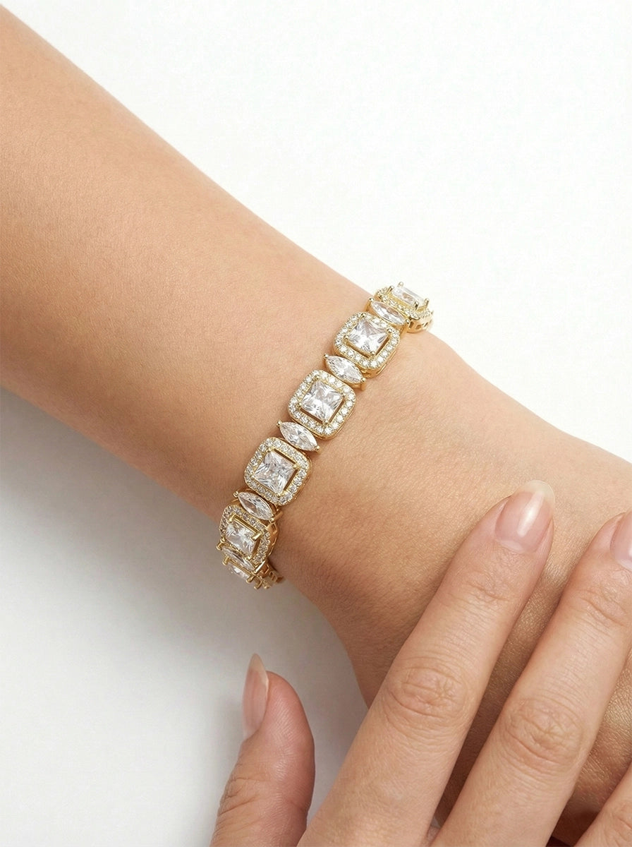 Kare ve Markiz Taşlı Gold Vintage Zincir Bileklik