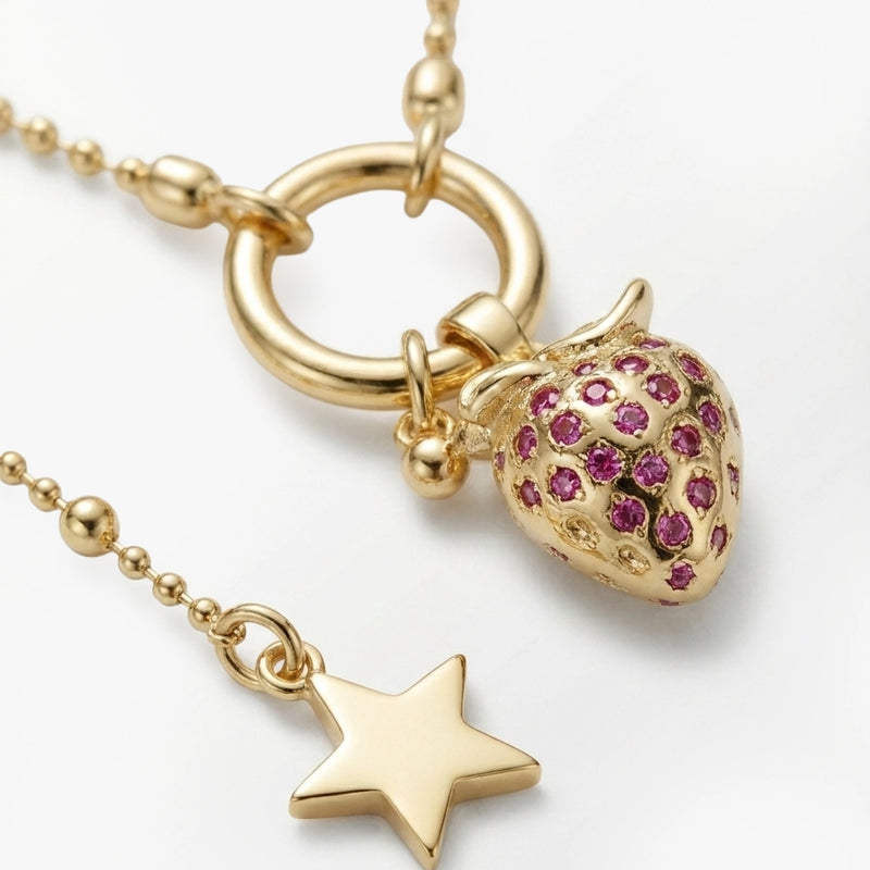 Pembe Taşlı Çilek ve Yıldız Figürlü Kolye