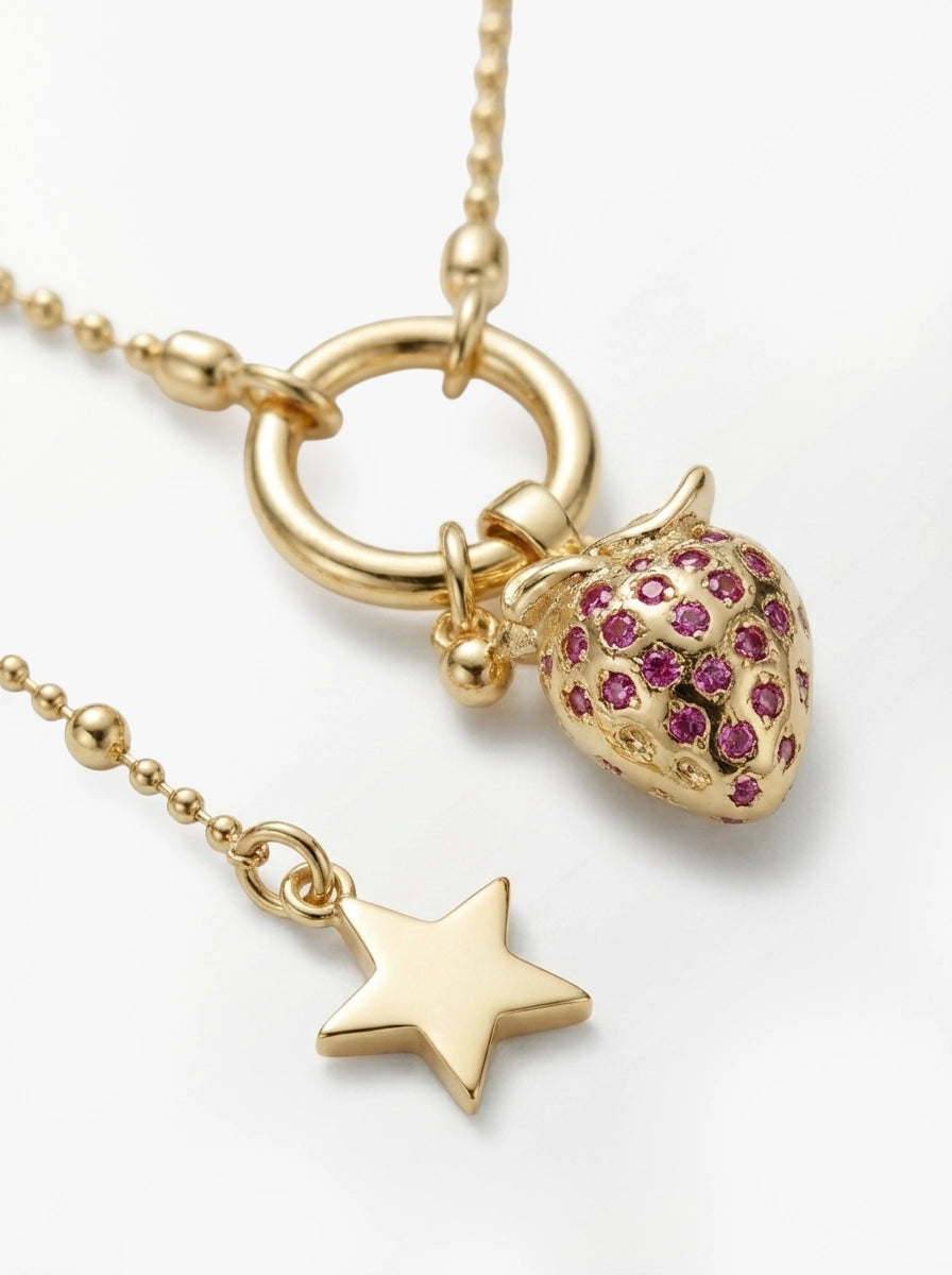 Pembe Taşlı Çilek ve Yıldız Figürlü Kolye