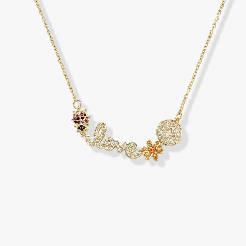 Love Yazılı, Uğur Böceği ve Çiçek Figürlü Gold Kolye