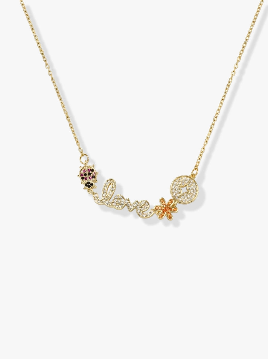 Love Yazılı, Uğur Böceği ve Çiçek Figürlü Gold Kolye