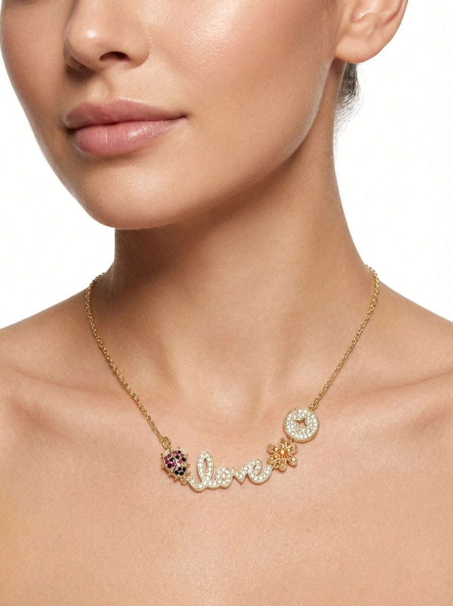 Love Yazılı, Uğur Böceği ve Çiçek Figürlü Gold Kolye