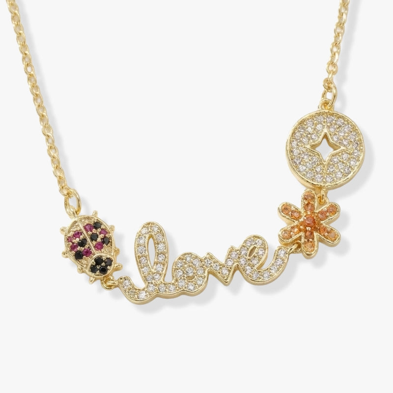 Love Yazılı, Uğur Böceği ve Çiçek Figürlü Gold Kolye