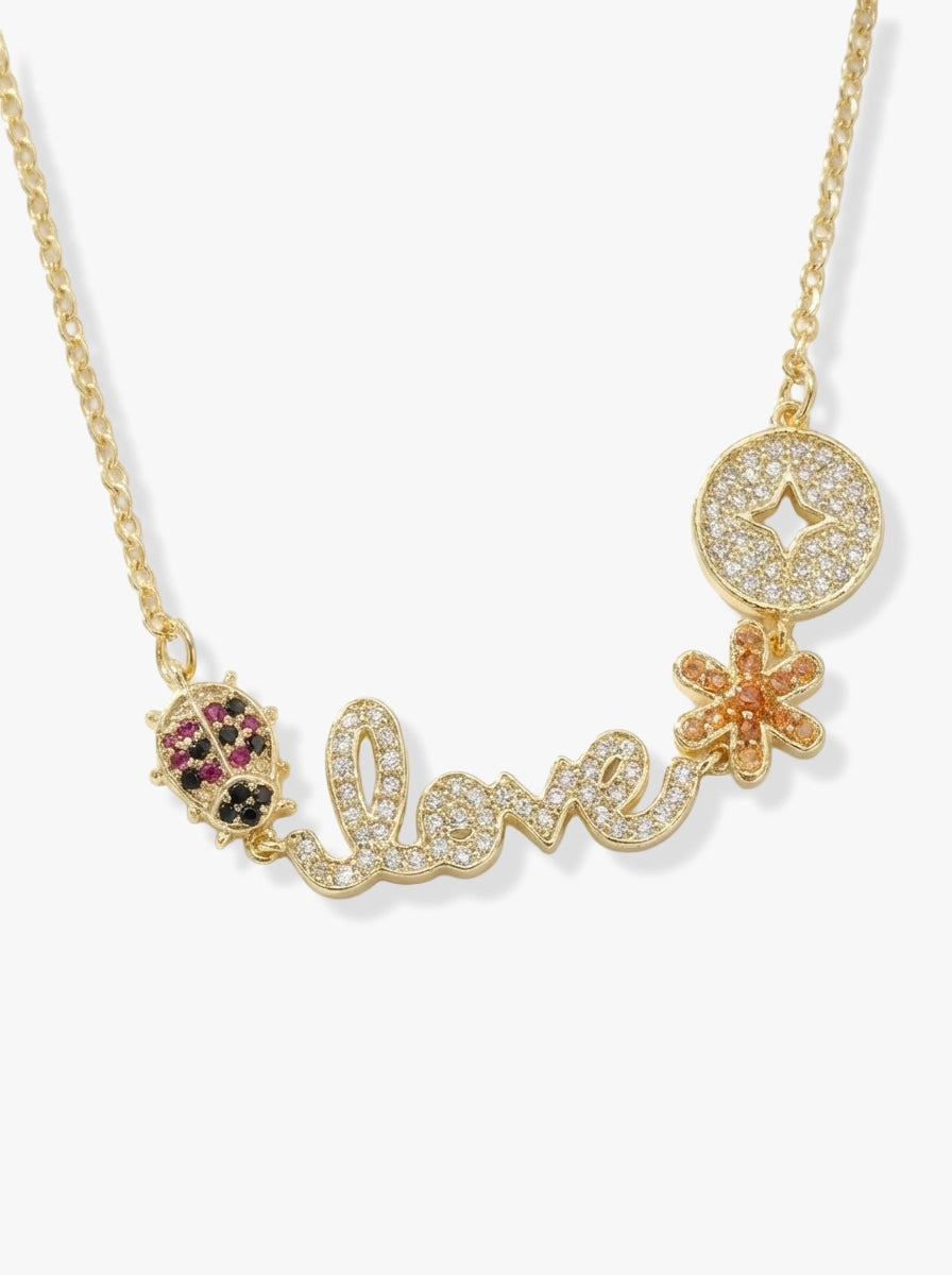 Love Yazılı, Uğur Böceği ve Çiçek Figürlü Gold Kolye