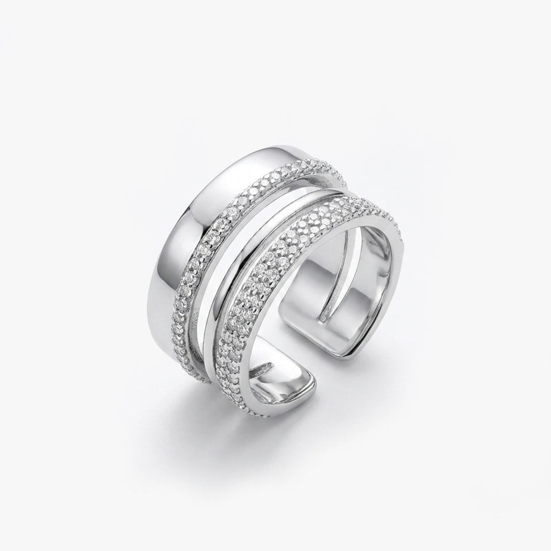 Üç Sıra Görünümlü Taşlı ve Sade Ayarlanabilir Gümüş Renk Yüzük