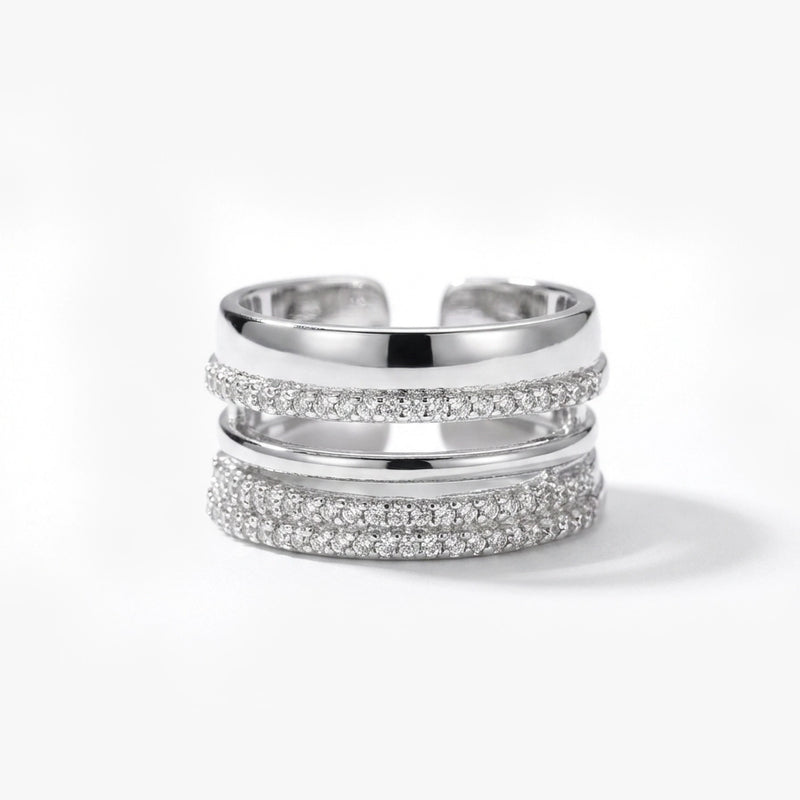 Üç Sıra Görünümlü Taşlı ve Sade Ayarlanabilir Gümüş Renk Yüzük