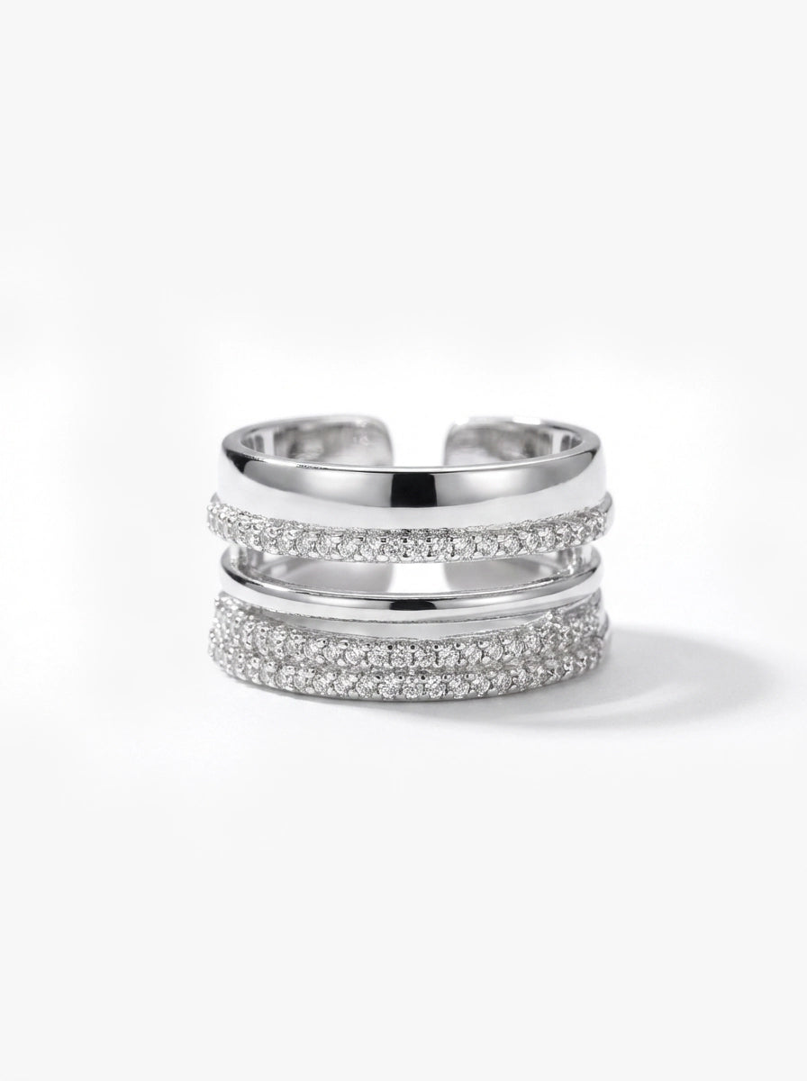 Üç Sıra Görünümlü Taşlı ve Sade Ayarlanabilir Gümüş Renk Yüzük