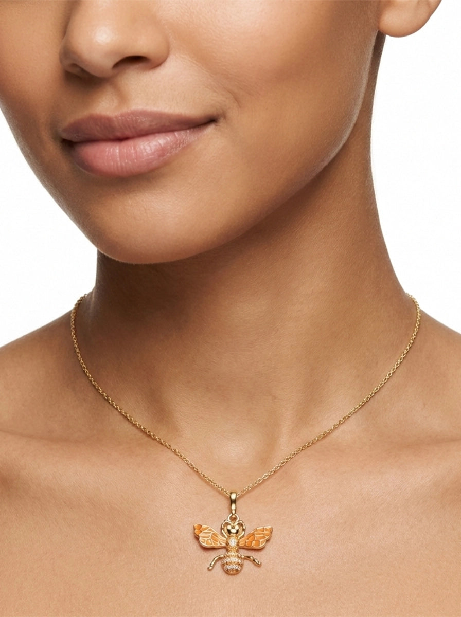 Turuncu Mineli ve Taşlı Arı Figürlü Gold Kolye