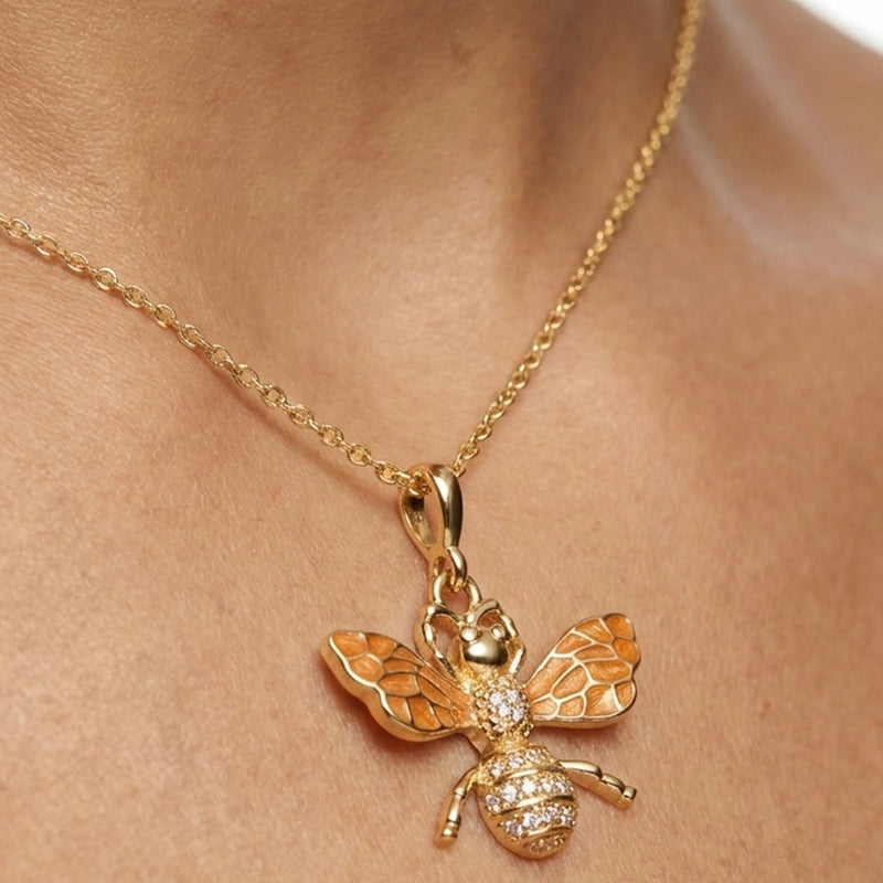 Turuncu Mineli ve Taşlı Arı Figürlü Gold Kolye