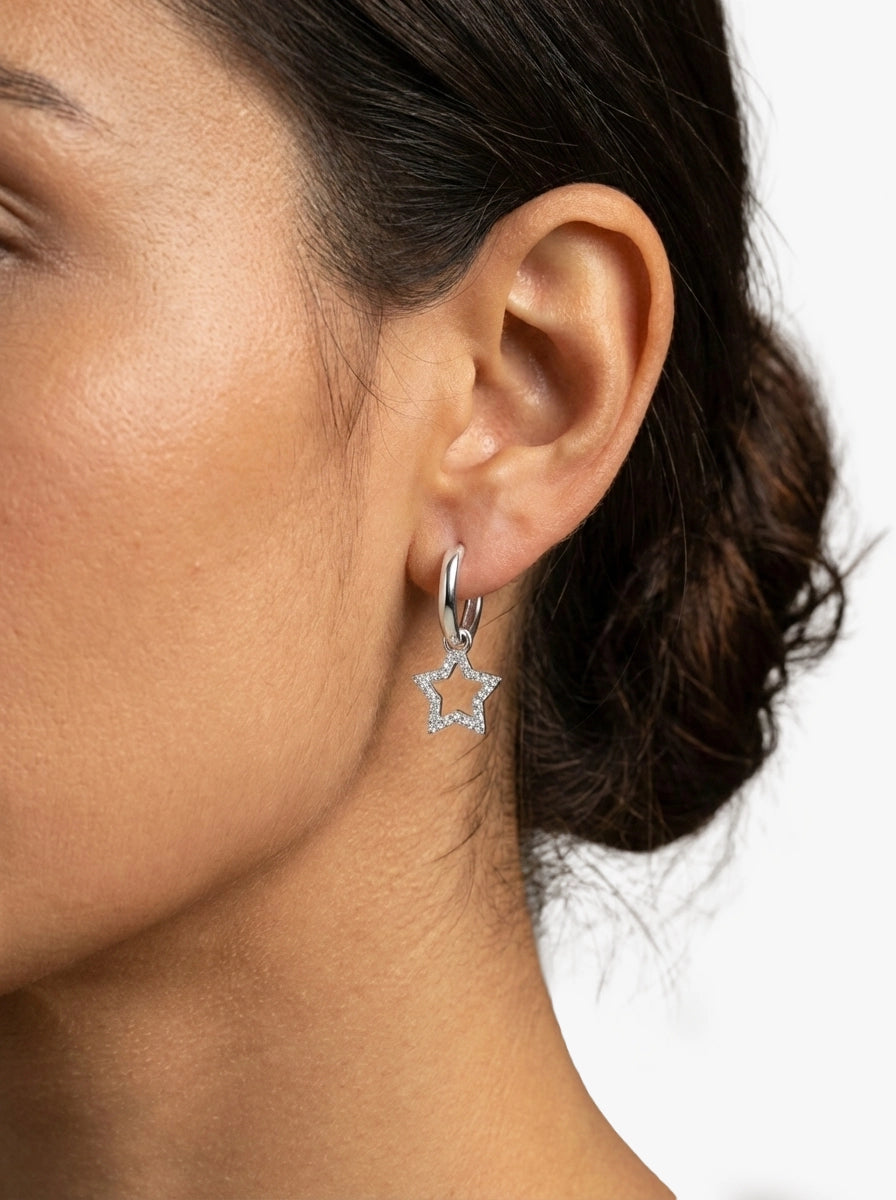 Taşlı Yıldız Sallantılı Gümüş Renk Halka Küpe