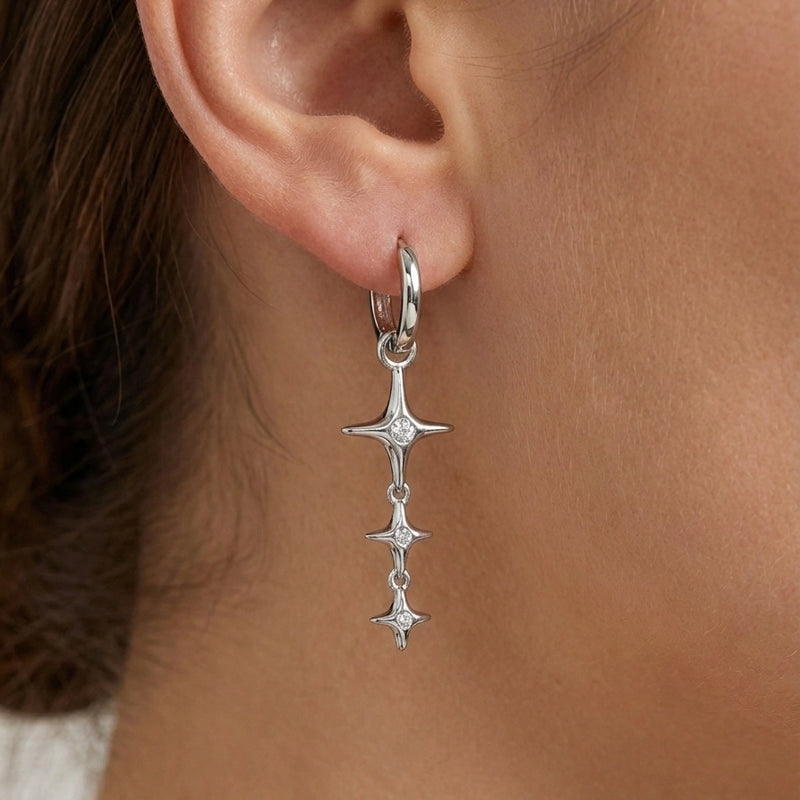 Sıralı Üçlü Kutup Yıldızı Sallantılı Gümüş Halka Küpe