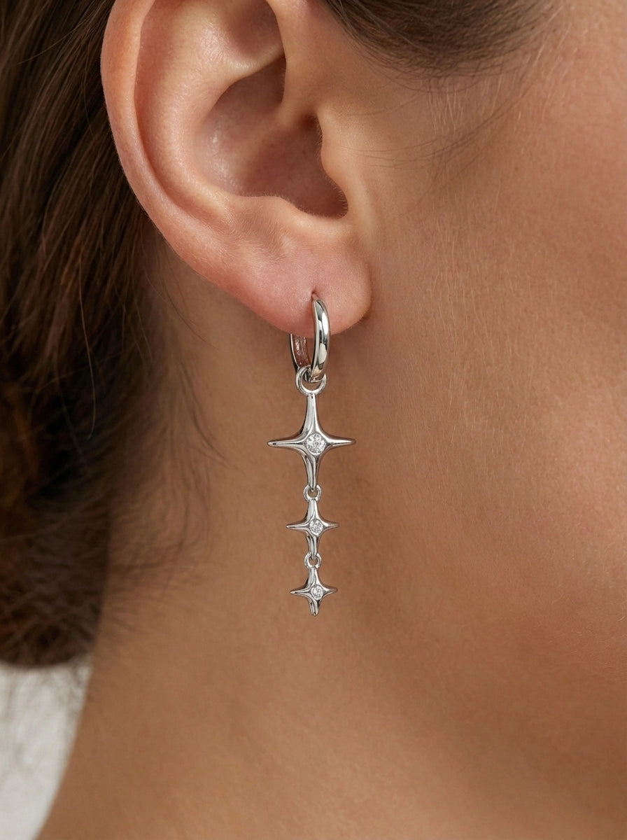 Sıralı Üçlü Kutup Yıldızı Sallantılı Gümüş Halka Küpe