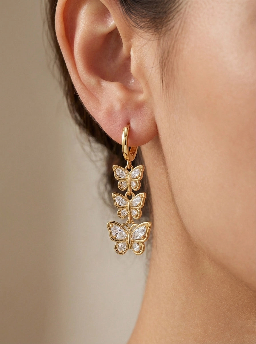 Sıralı Üçlü Kelebek Sallantılı Gold Halka Küpe