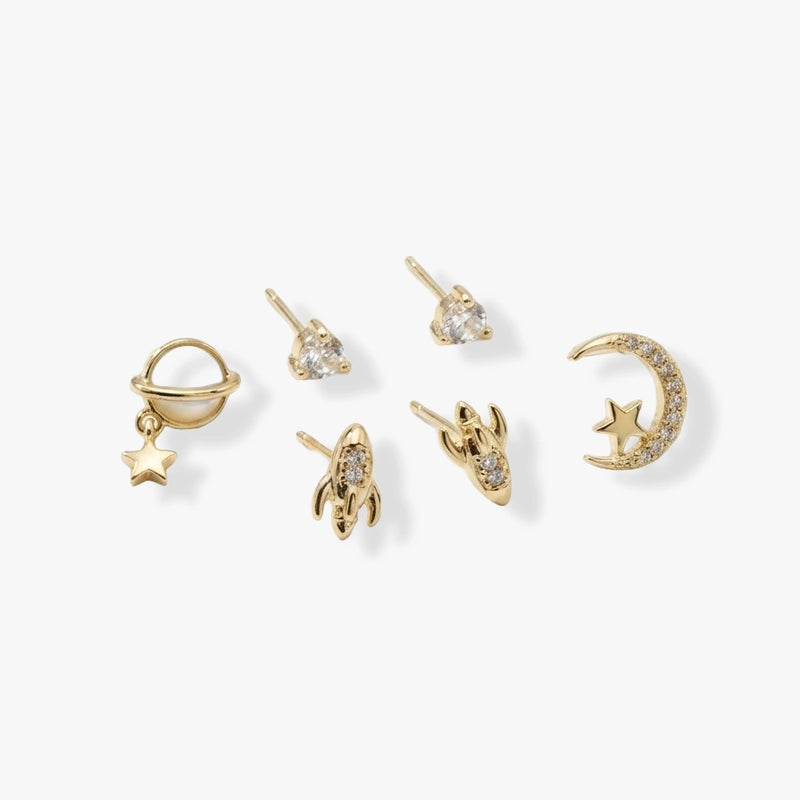 6 Parça Uzay Temalı Gold Küpe Seti