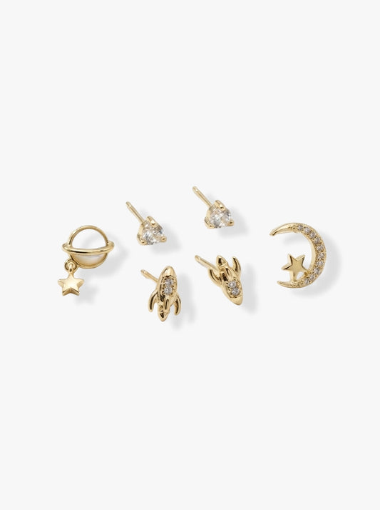 6 Parça Uzay Temalı Gold Küpe Seti