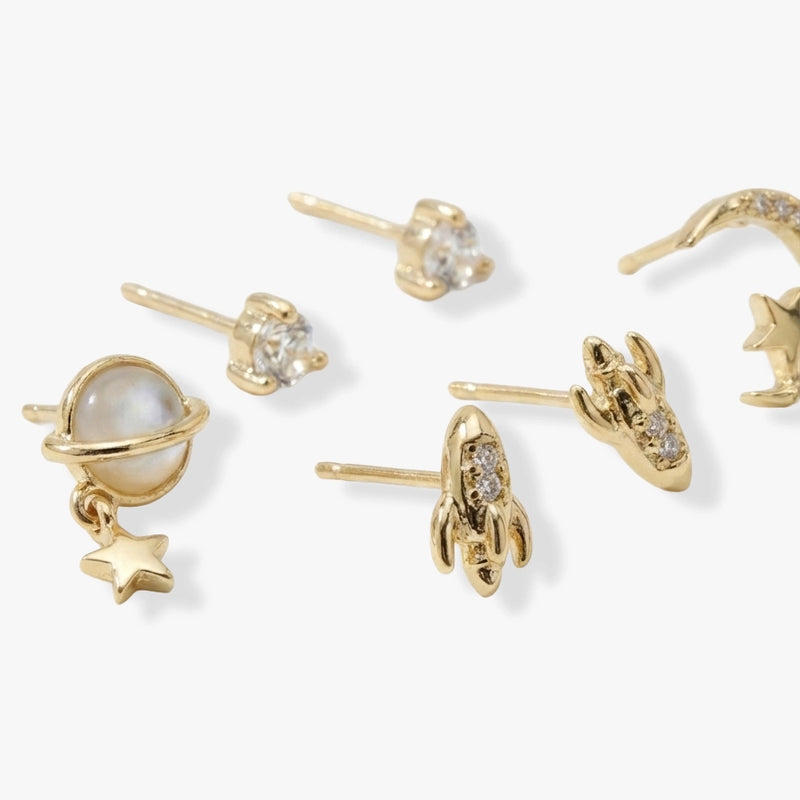 6 Parça Uzay Temalı Gold Küpe Seti