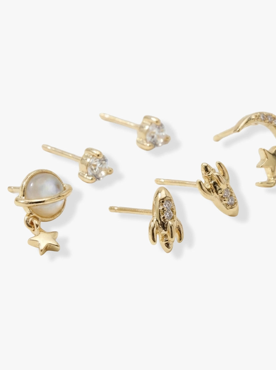 6 Parça Uzay Temalı Gold Küpe Seti